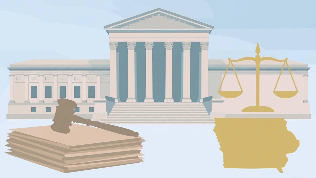 Editorial illustration of the US Supreme Court building with legal briefs and an outline of the state of Iowa, suggesting a request for the federal government's views on a state immigration law