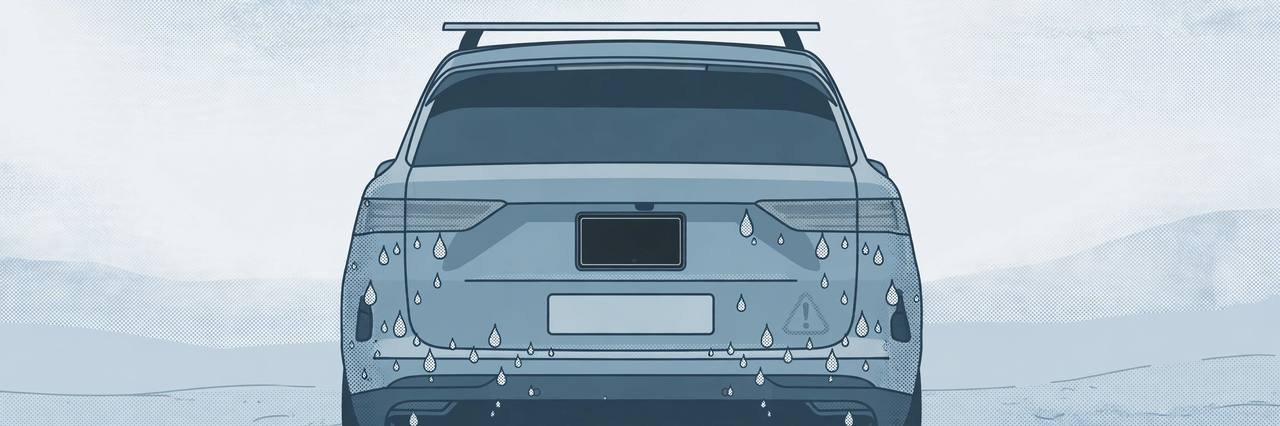 Editorial illustration of the rear of an SUV with water droplets and a warning sign, representing a rearview camera recall