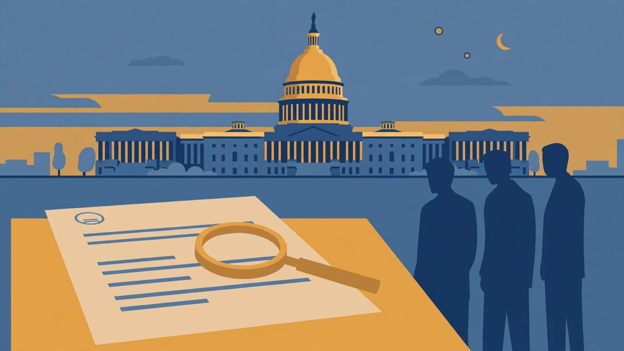 Editorial illustration of the US Capitol at dusk with a large official letter and magnifying glass on a desk in the foreground