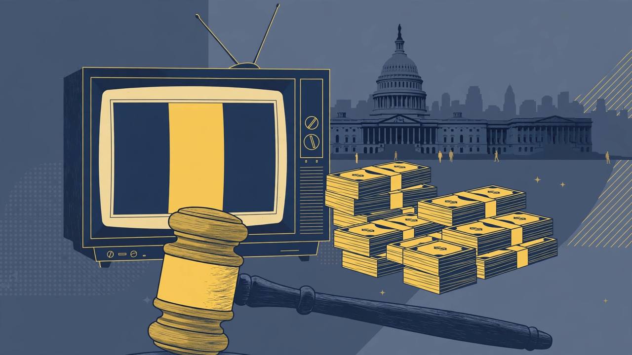 Editorial illustration of a generic judge's gavel in front of a television screen and a government building silhouette in Washington DC