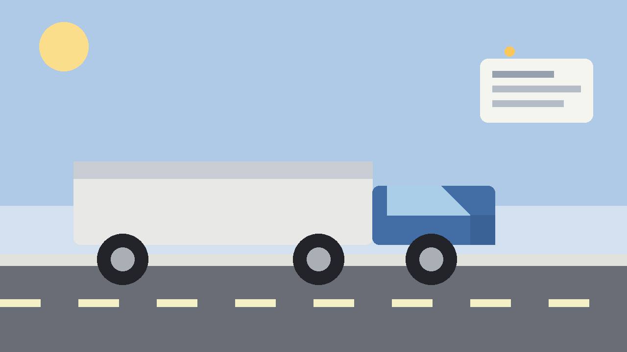 Editorial illustration of a generic semi-truck on a highway beside a plain blank licence card, flat style, no logos, no readable text, no people, no real place depicted