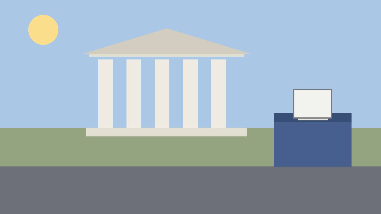 Editorial illustration of a generic courthouse and a blank ballot box, flat style, no people, no text, no real place depicted