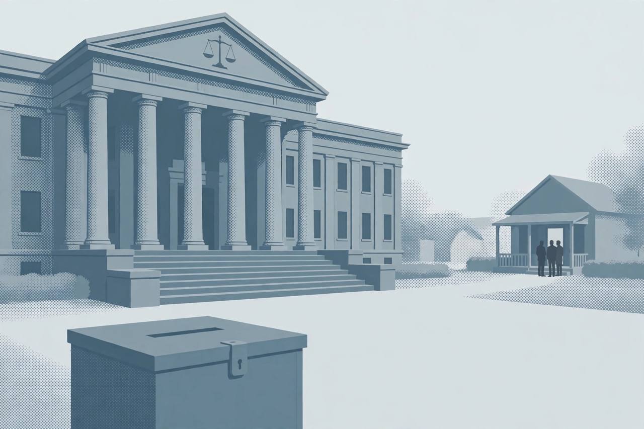 Editorial illustration of a generic courthouse, a ballot box and generic figures at a house doorway, flat style, no real person, no text