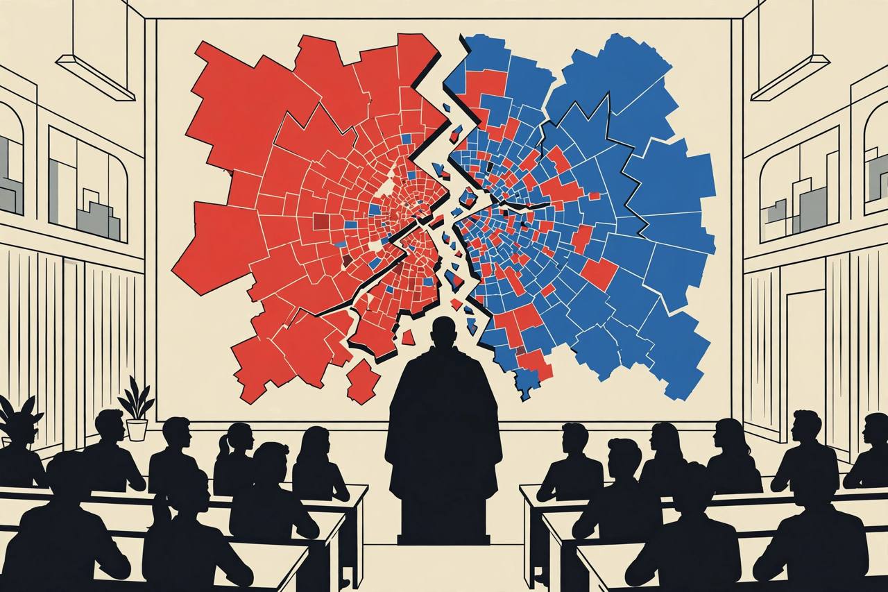 Editorial illustration of a generic judge silhouette before students and a cracked red-and-blue electoral district map