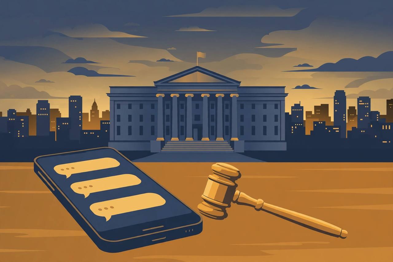 Editorial illustration of a smartphone with generic social-media comment bubbles in front of a generic federal courthouse and city skyline at dusk