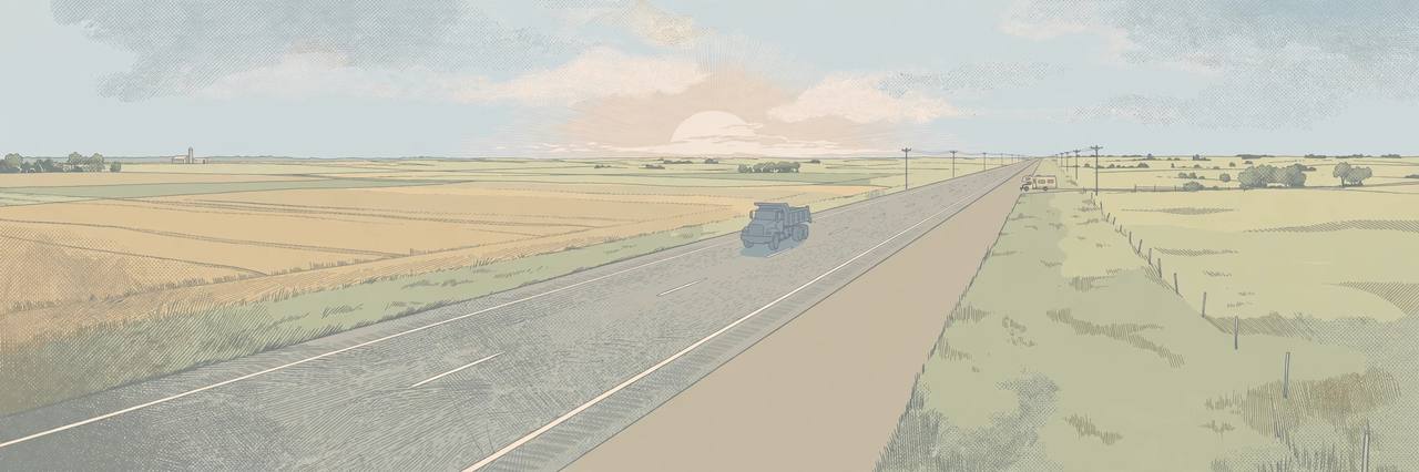 Editorial illustration of a generic Kansas interstate highway and shoulder through farmland at morning light, with a distant generic motorhome and dump truck, flat style, no crash depicted, no real person or place