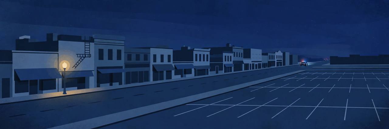 Editorial illustration of a quiet downtown street and empty parking lot at night with distant police lights, no people and no violence depicted