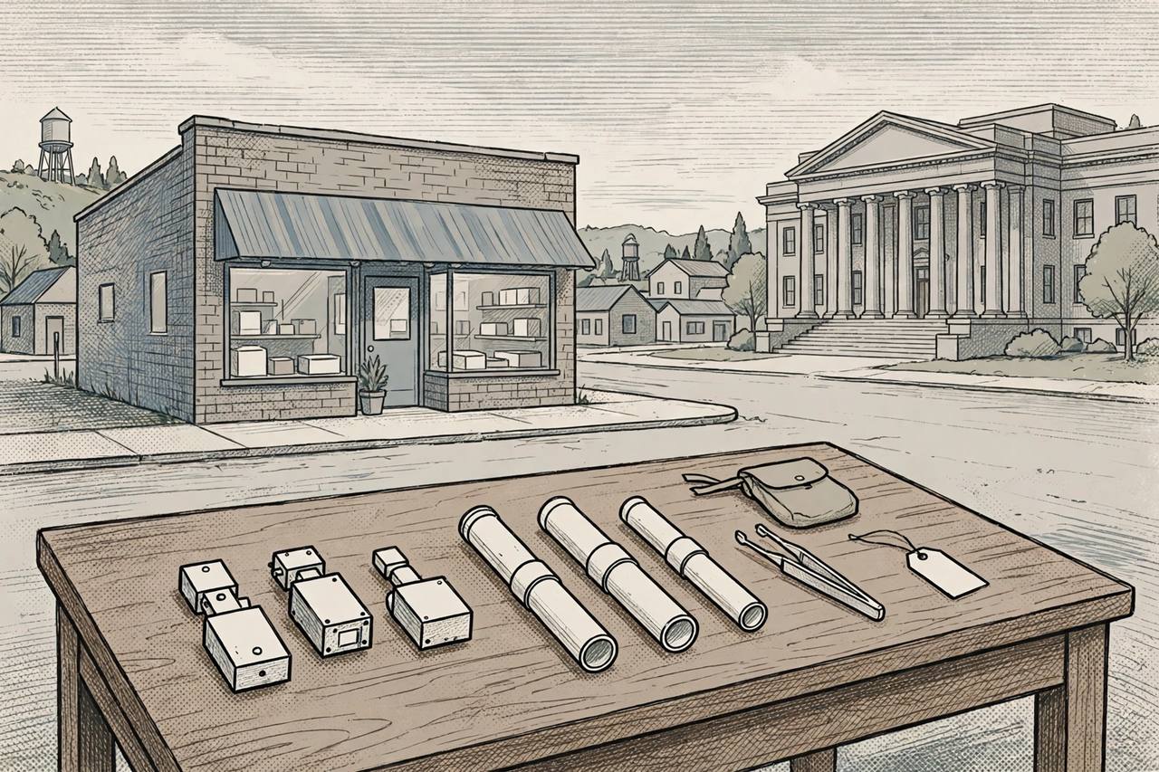 Editorial illustration of a small-town Kansas firearms shop and a federal courthouse, with generic firearm devices on an evidence table — no real person's face