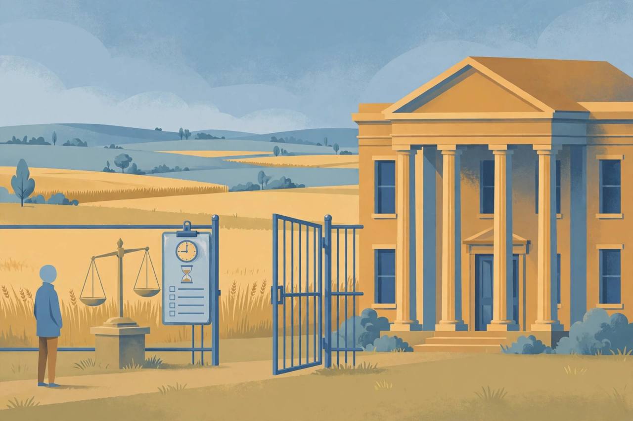 Editorial illustration of a courthouse, an open gate, scales of justice and a waiting clock in Kansas farmland, flat style, no real person depicted