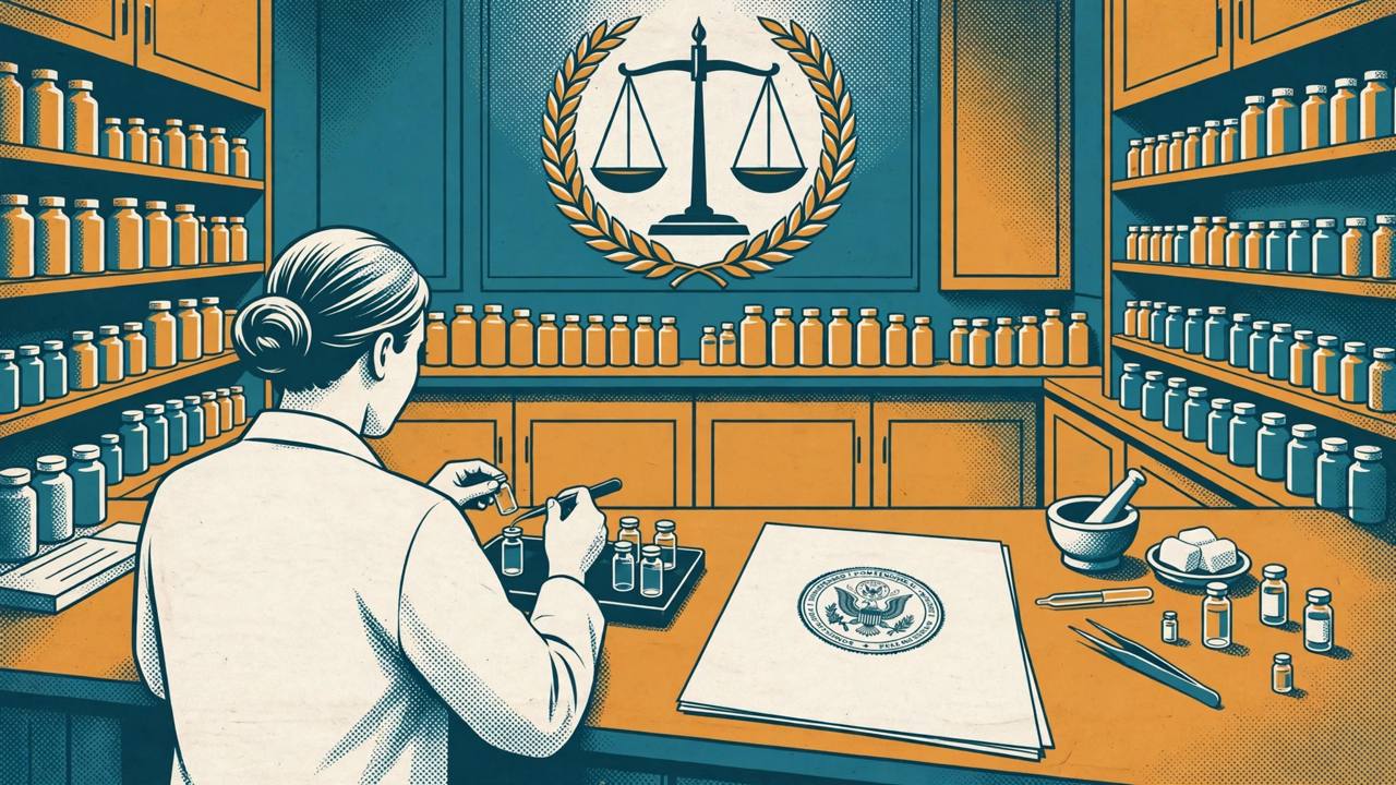 Editorial illustration of a compounding pharmacy counter with a pharmacist preparing small unlabeled vials beside an official government document with a seal, in teal and amber tones