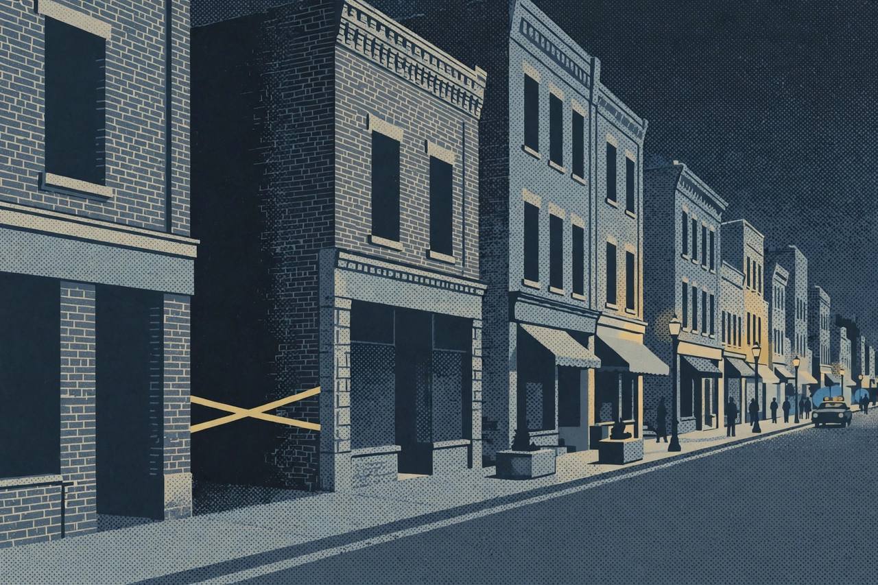 Editorial illustration of a Louisville Bardstown Road street at night with police tape across an alley between brick bar buildings — no real person is depicted
