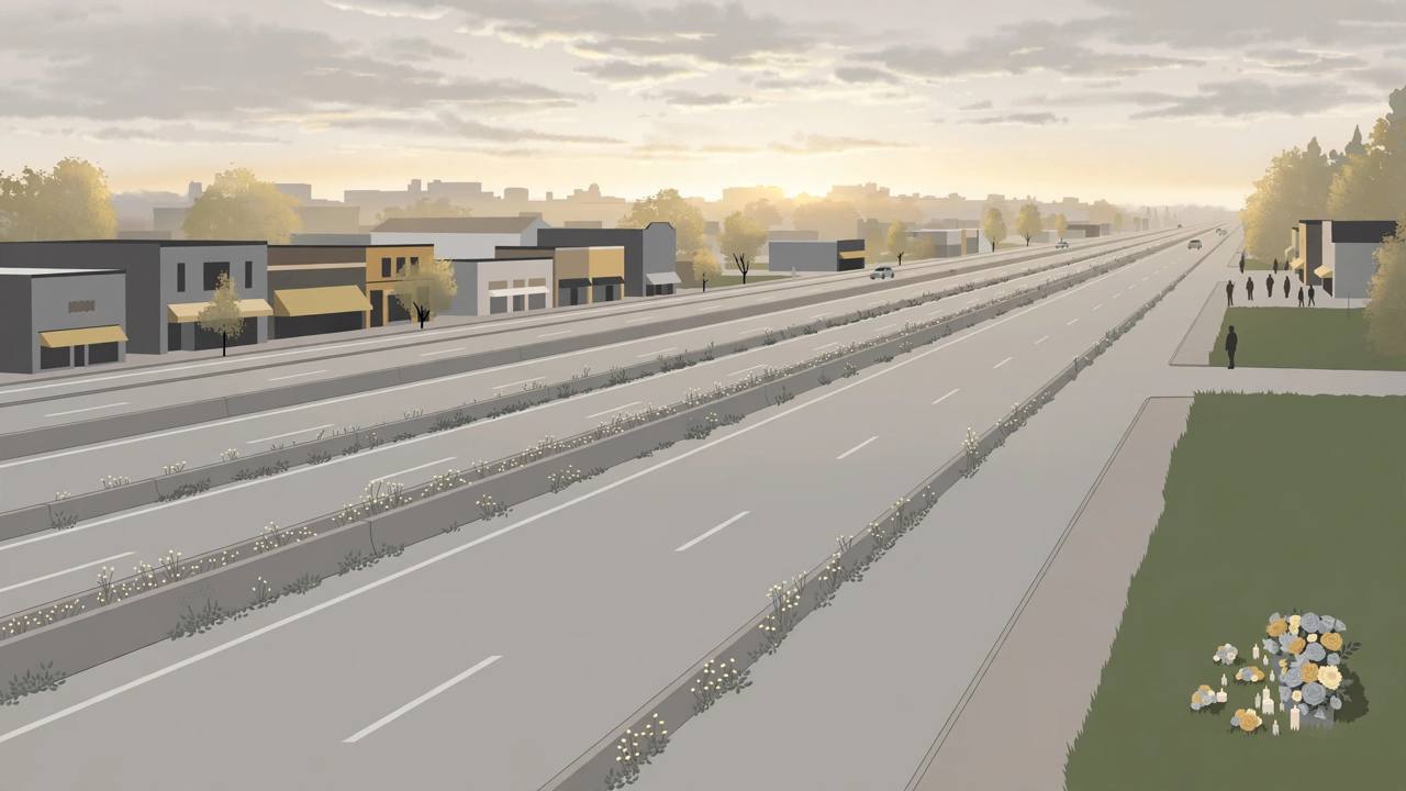 Editorial illustration of Bardstown Road in Louisville at dawn with a concrete median and a respectful roadside flower memorial — generic distant figures only, no real person's face, no crash depicted