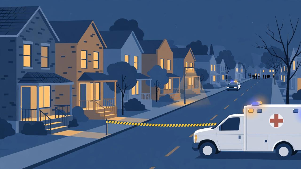Editorial illustration of a Louisville residential street at night with an ambulance, a distant police car and police tape — generic distant figures only, no real person's face, no shooting depicted