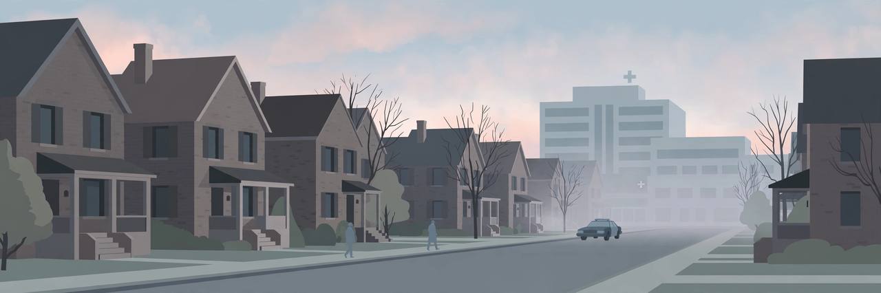 Editorial illustration of a somber residential street in Louisville, Kentucky at dawn, flat style, no real person depicted