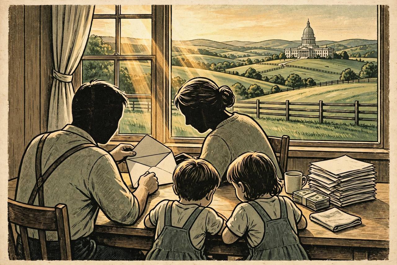 Editorial illustration of a Kentucky family seen from behind opening a relief letter at a kitchen table, a stack of hospital bills set aside, with rolling Bluegrass hills, horse fencing and the Kentucky State Capitol dome visible through the window