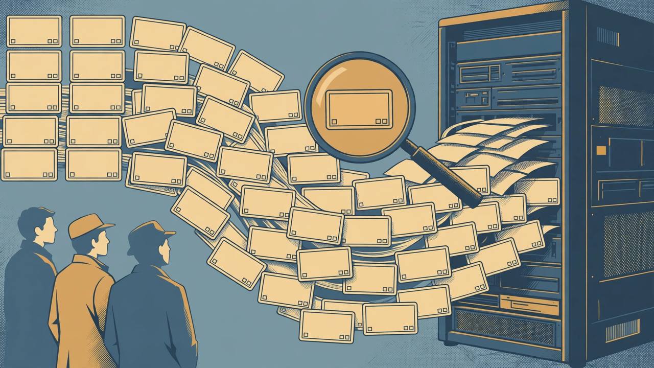 Editorial illustration of generic voter registration cards flowing into a computer server under a magnifying glass, flat style, no text and no real person shown