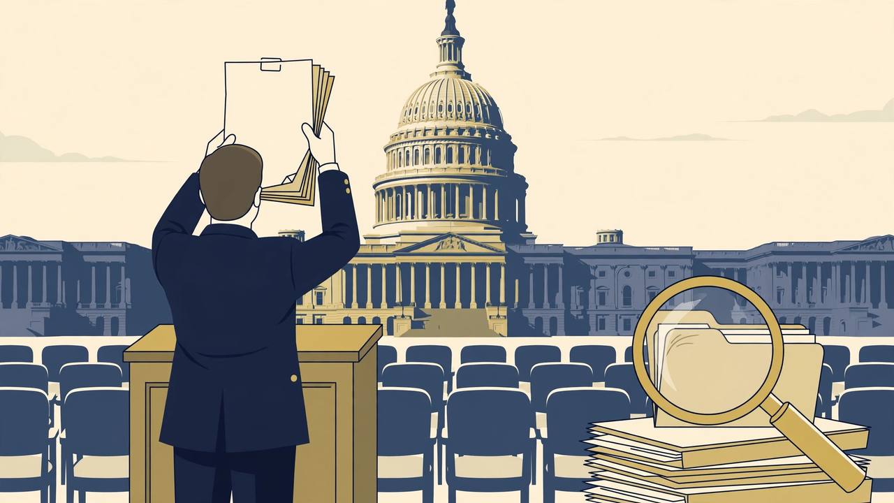 Editorial illustration of a generic congressman seen from behind at a lectern holding up a bill document in front of the United States Capitol dome, with a magnifying glass over stacked files, flat style, no text, no real person depicted