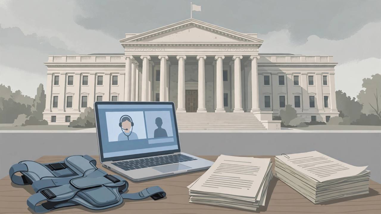 Editorial illustration of a generic federal courthouse with an orthotic back brace and a telemedicine laptop in the foreground, flat style, no real person, no text