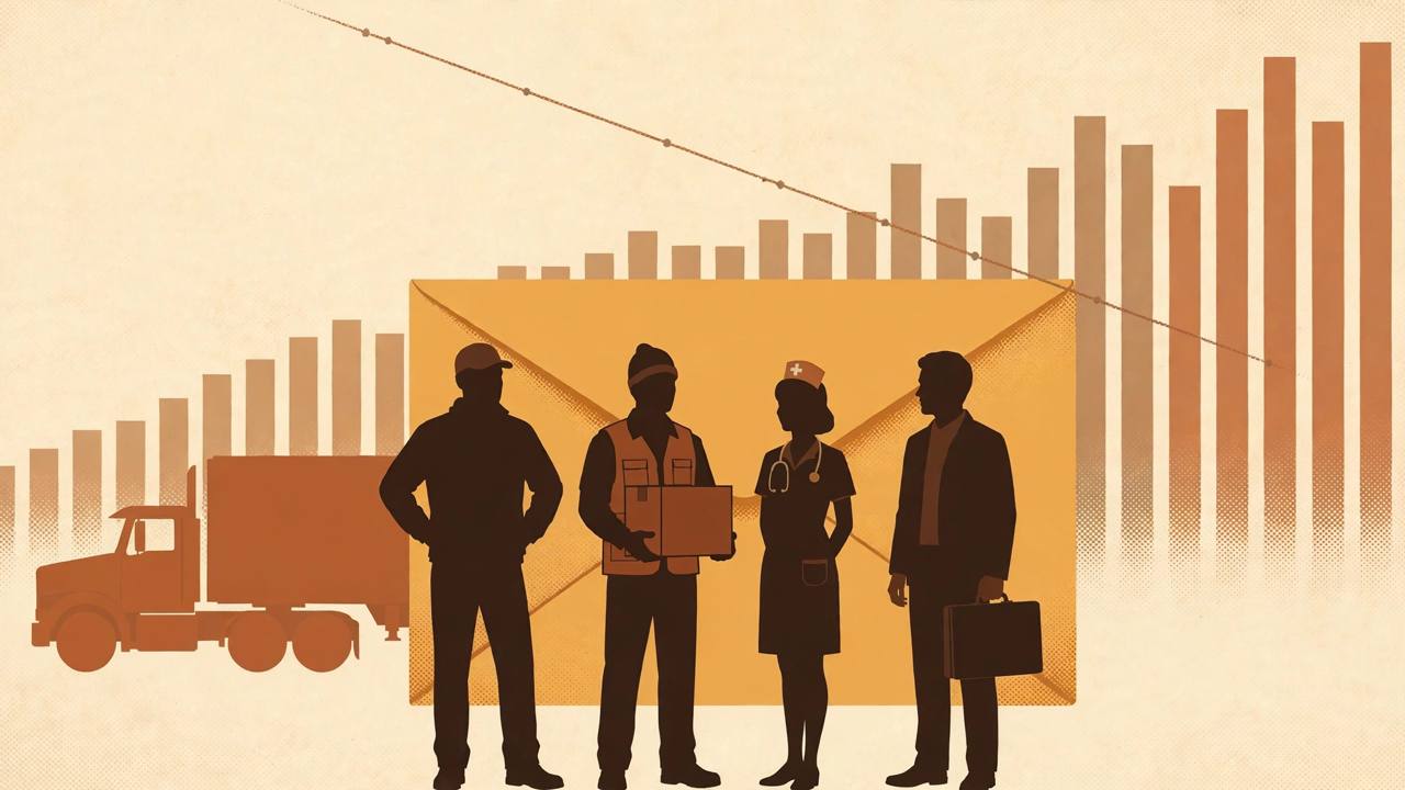 Editorial illustration of generic American workers including a truck driver beside a semi-truck, a warehouse worker, a nurse and an office worker in front of a rising bar chart and a paycheck envelope