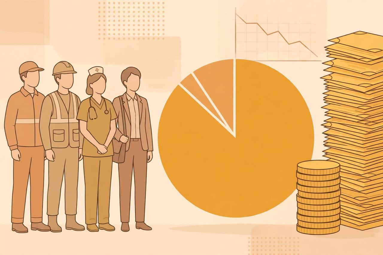 Editorial illustration of American workers beside a pie chart with a shrinking workers slice and growing stacks of coins