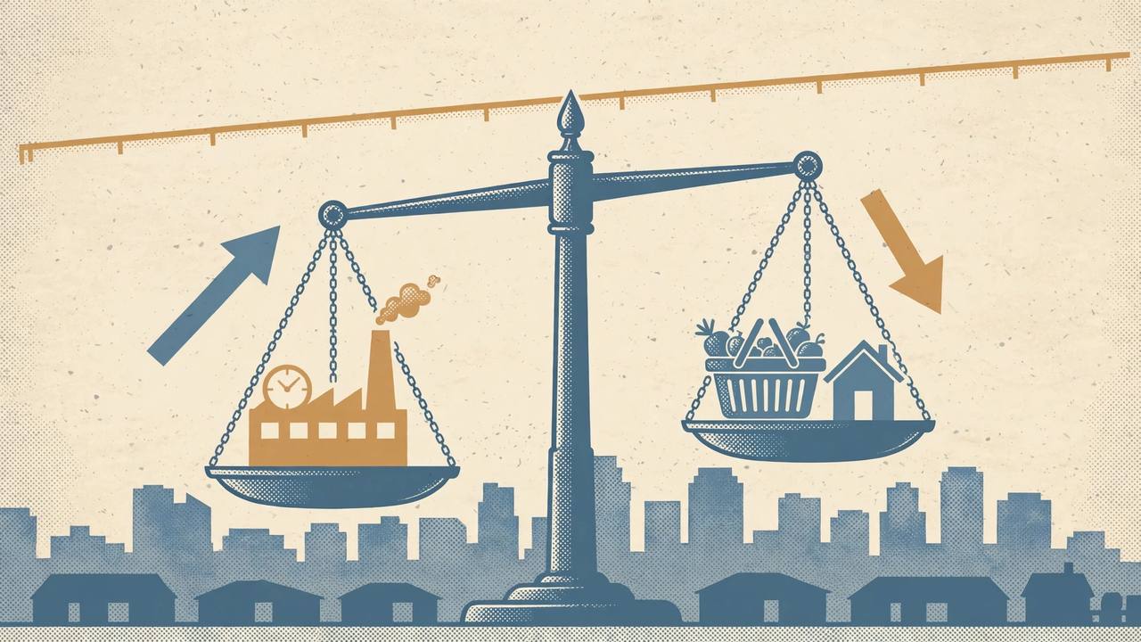 Editorial illustration of a balance scale weighing factory hours and an interest-rate arrow against a shopping basket and a house, with a level economic line chart and a city skyline behind, flat style, no real person depicted