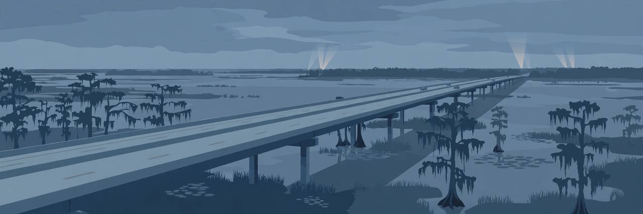 Editorial illustration of a long elevated highway bridge over Louisiana swamp water at dusk, no crash depicted, flat style, no text