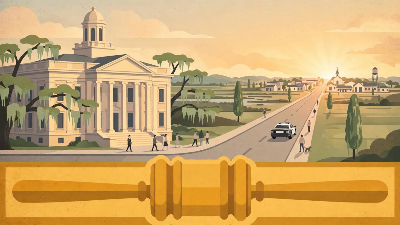 Editorial illustration of a Louisiana courthouse with a police car on a road leading toward a small town