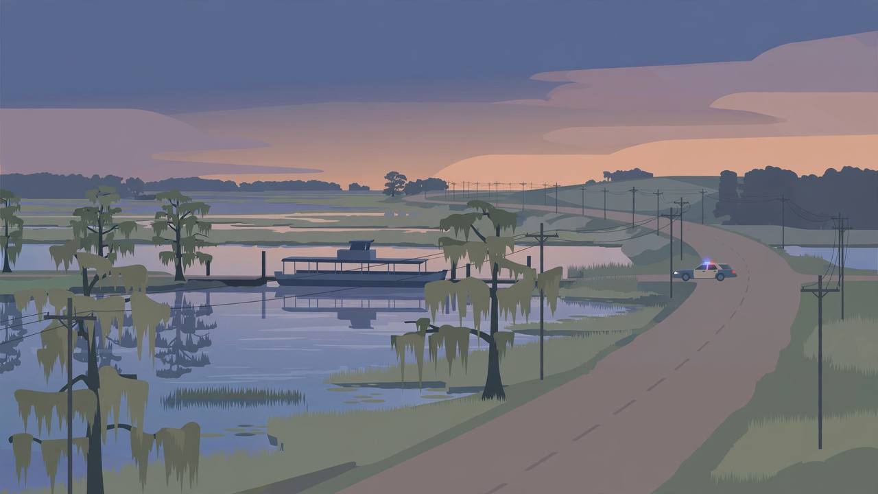 Editorial illustration of a Louisiana highway near a river ferry crossing at dusk, with a generic patrol car in the distance; the shooting itself is not depicted