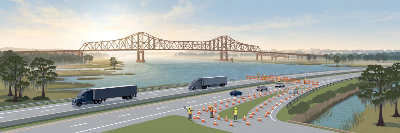 Editorial illustration of Interstate 10 near Baton Rouge, Louisiana with semi trucks being diverted, flat style, generic figures only, no wreckage shown