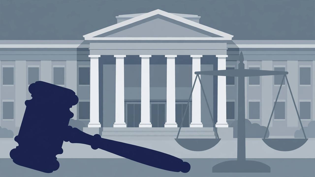 Editorial illustration of a federal courthouse with a gavel and scales of justice, flat style, no people or faces