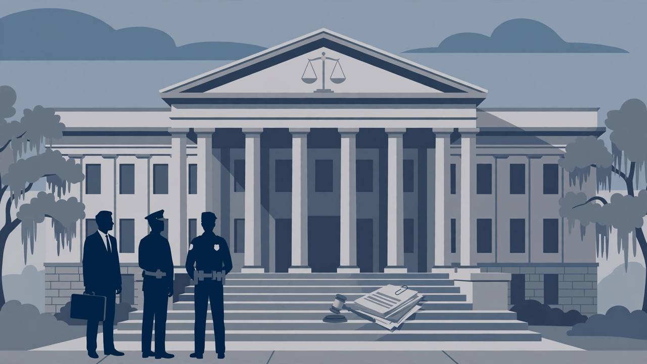 Editorial illustration of a US federal courthouse in Louisiana with columns, a gavel and legal documents on the steps