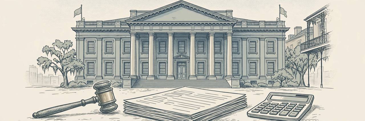 Editorial illustration of a generic federal courthouse in New Orleans, Louisiana, with a judge's gavel, loan documents and a calculator, no people and no text