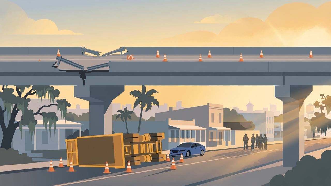 Editorial illustration of an elevated interstate with a broken guardrail, an overturned dump truck on the street below and generic emergency responders nearby
