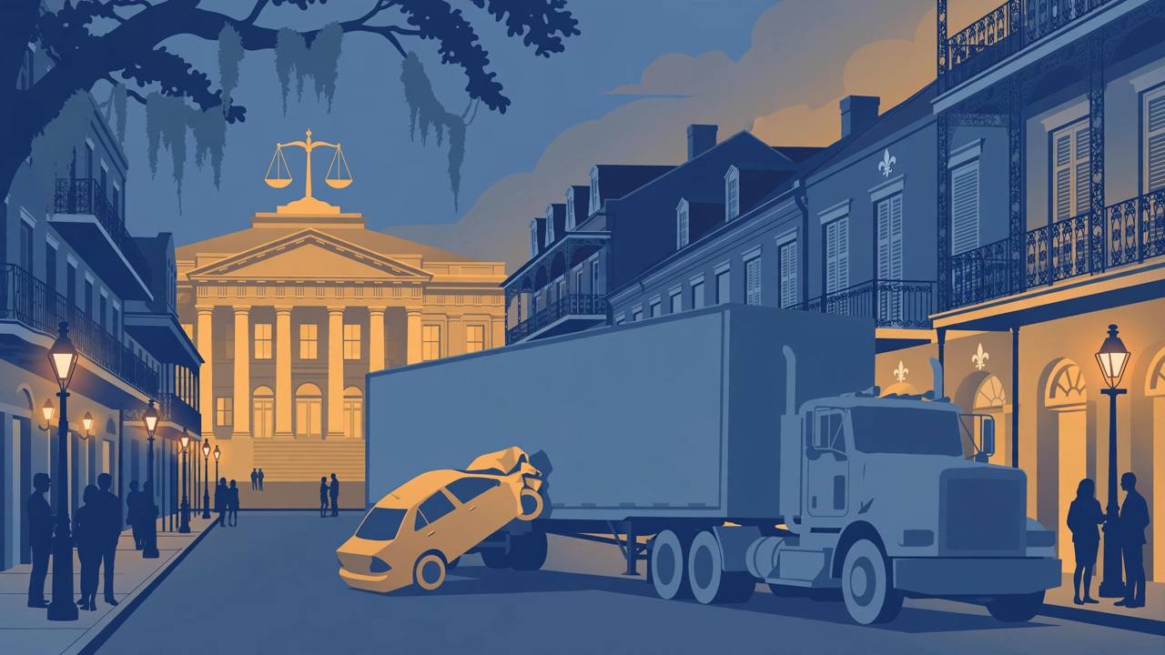 Editorial illustration of a tractor-trailer on a New Orleans street with a small car angled into its side in a staged collision, a courthouse and scales of justice behind, flat style, no real person depicted