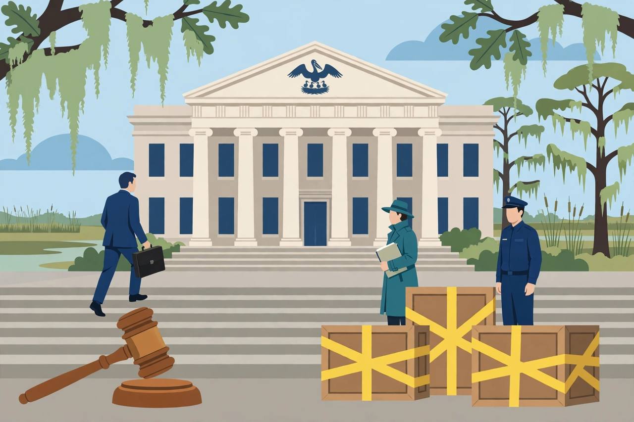 Editorial illustration of a generic Louisiana courthouse with sealed evidence crates and a gavel, flat style, no real person, place or incident depicted, no text
