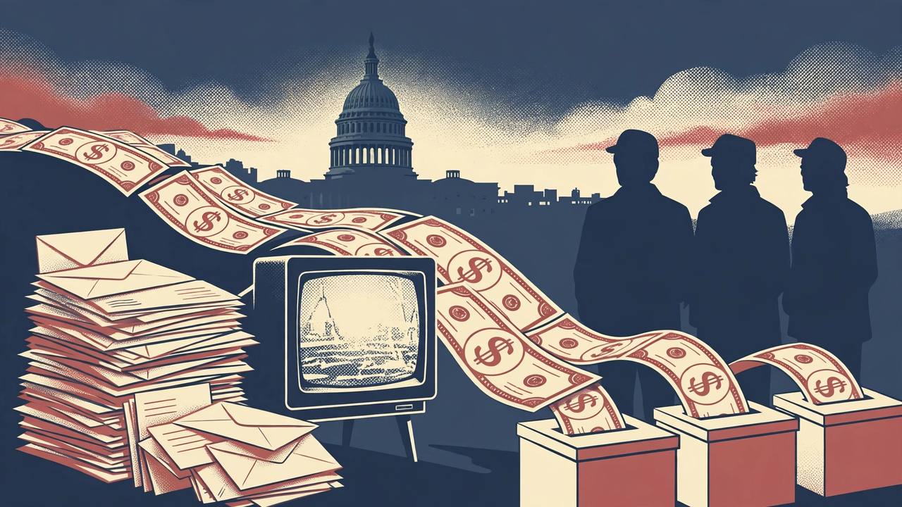 Editorial illustration of a river of dollar bills flowing past a television and stacks of mail toward ballot boxes beneath the US Capitol dome, flat style, generic silhouetted figures only, no text, no real person depicted
