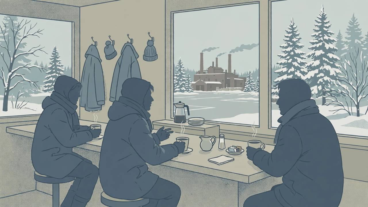 Editorial illustration of a generic small-town Maine diner with generic silhouetted figures at a counter and a factory through the window, flat style, no real person's likeness, no text, no real place depicted