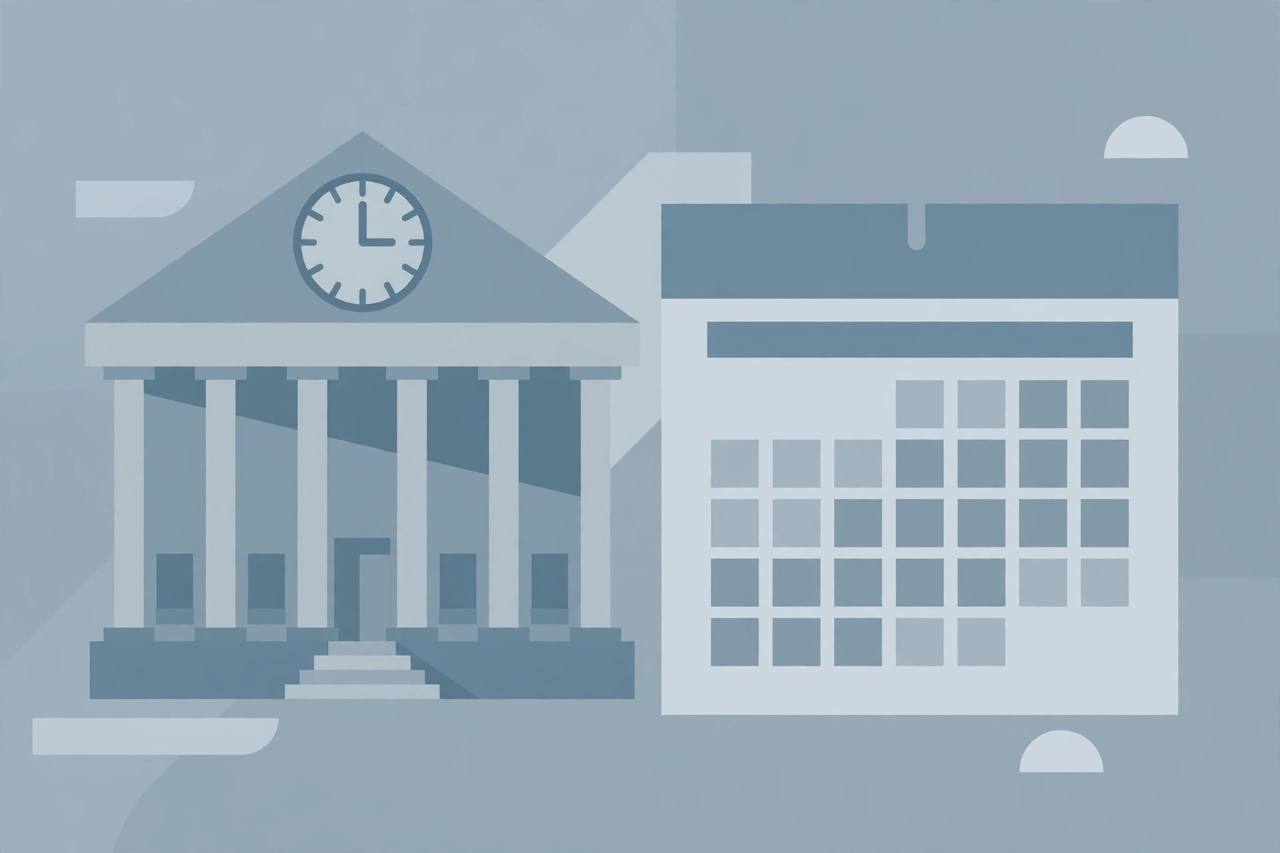 Editorial illustration of a generic courthouse with columns and a large clock, flat style, no real person or building depicted