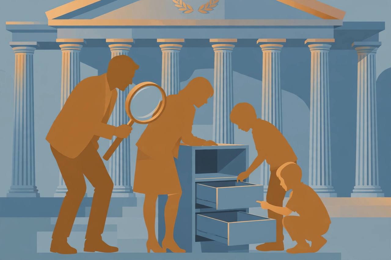 Editorial illustration of generic figures searching empty filing drawers with a magnifying glass in front of courthouse columns, flat style, no real person depicted