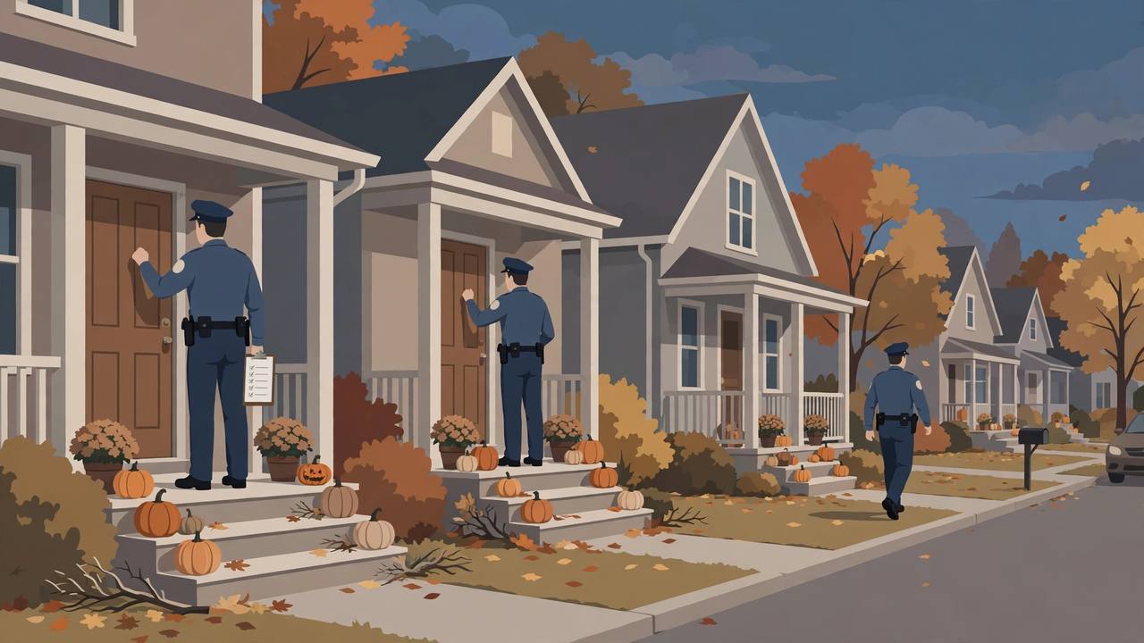 Editorial illustration of officers making Halloween-season compliance-check door knocks on a suburban street with pumpkins on the porches