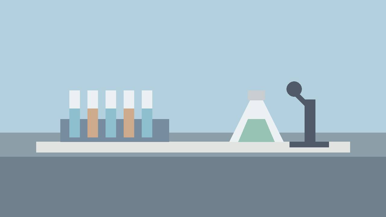 Editorial illustration of a generic laboratory bench with test tubes, a flask and a microscope, flat style, no people, no text, no real place depicted