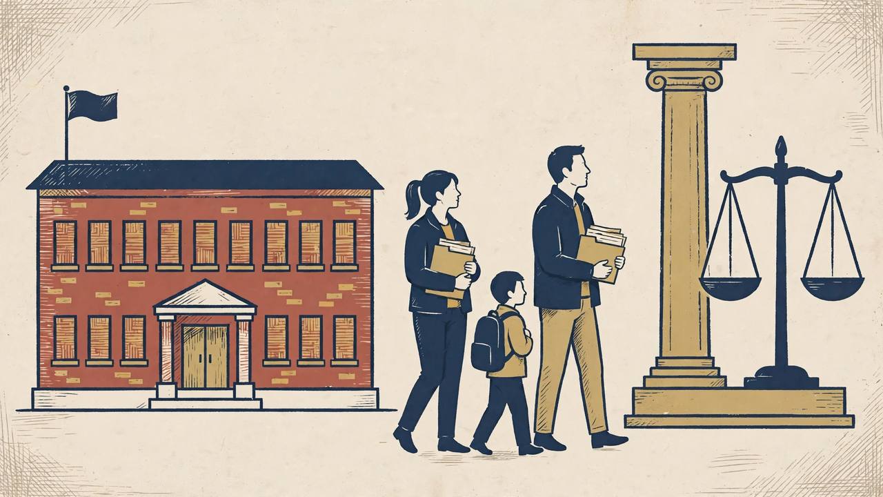 Editorial illustration of a generic American school building with a flagpole, two generic parent figures holding a folder of school records facing a courthouse column and a scale of justice, a generic student with a backpack between them, flat muted navy and brick red newspaper style