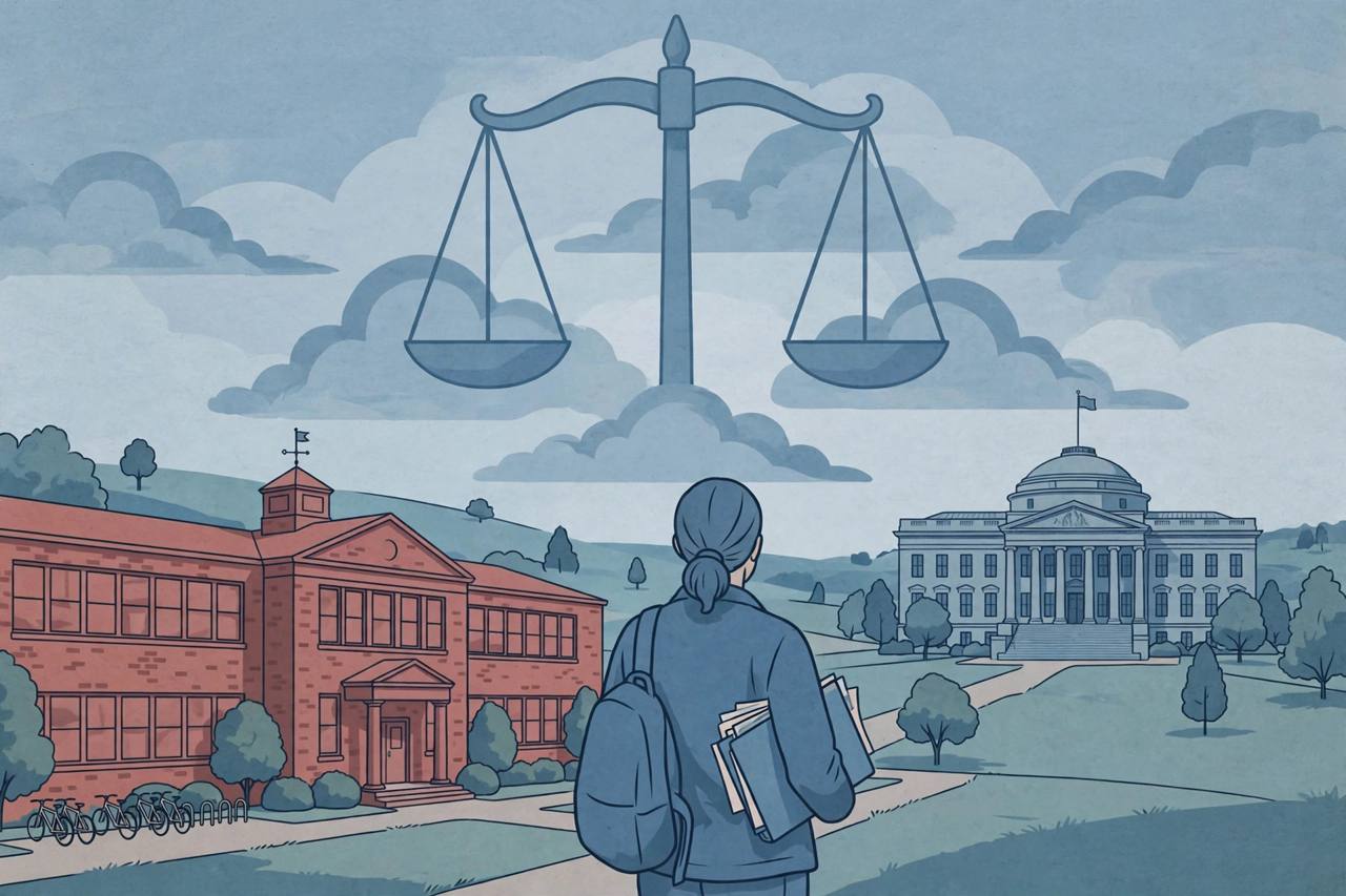 Editorial illustration of a Maryland school building and a federal courthouse with a parent holding school records between them and scales of justice in the sky
