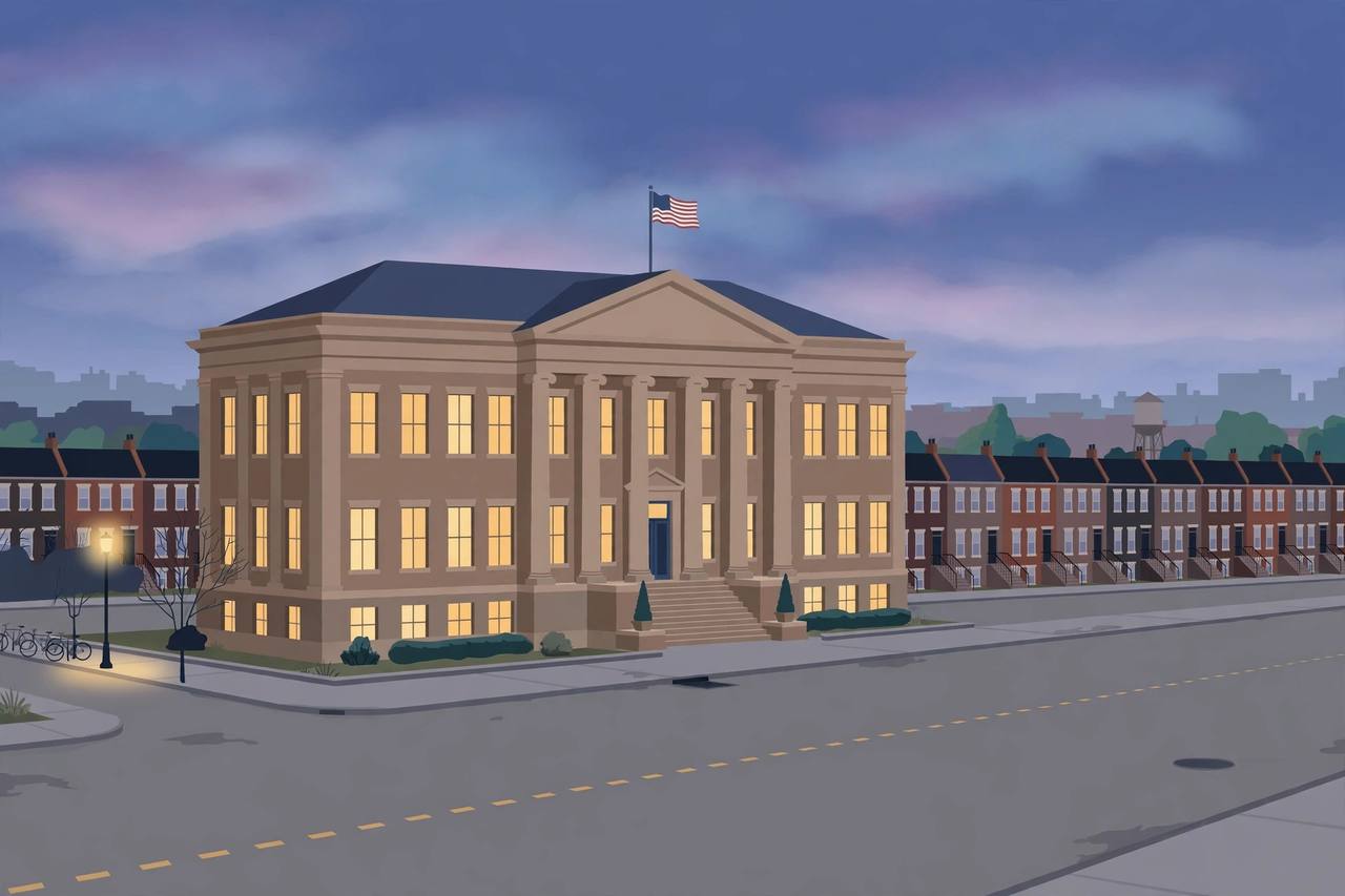 Editorial illustration of a generic federal office building with columns at dusk in Baltimore, with row houses in the background, flat style, empty street, no people, no text