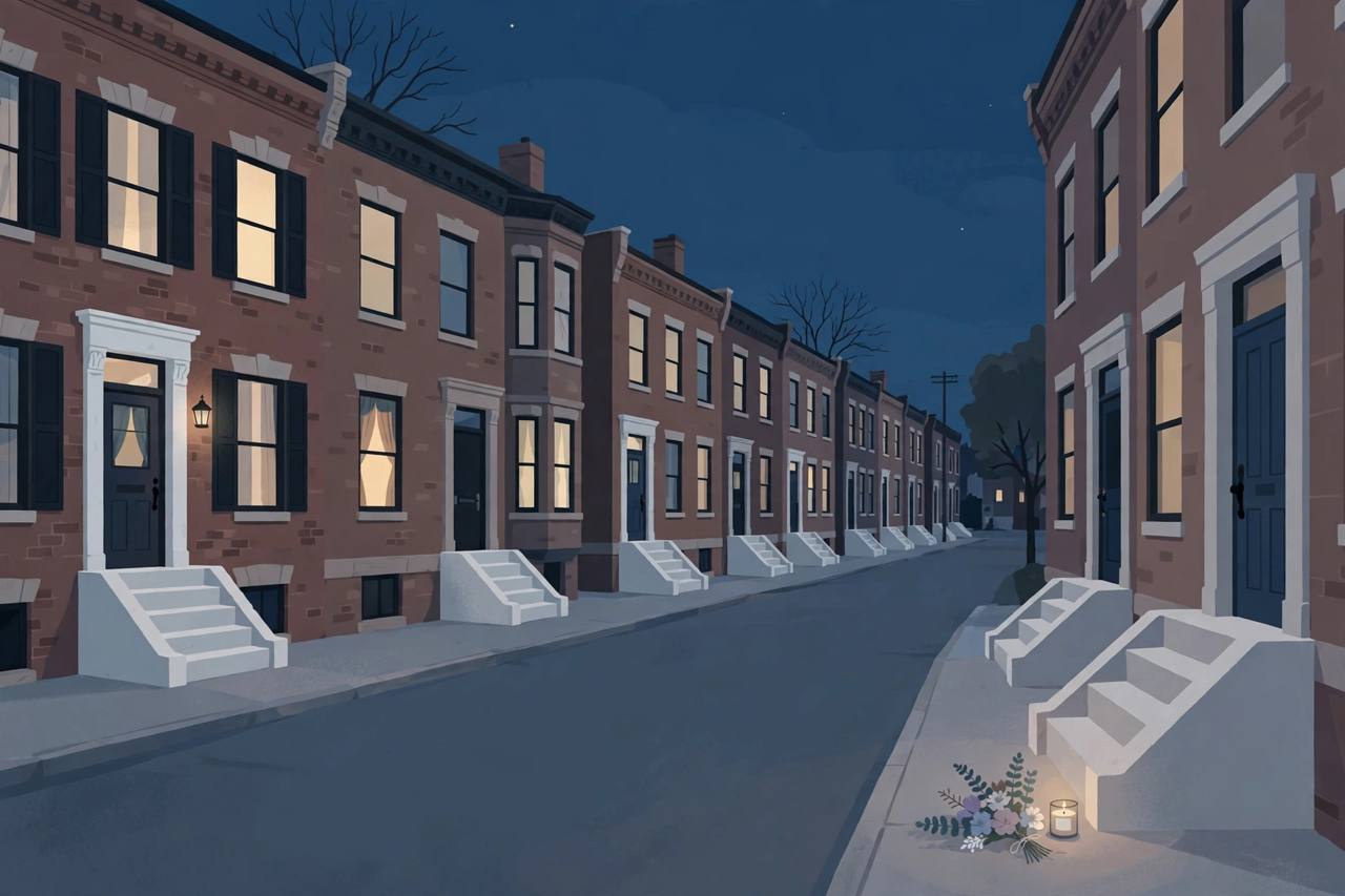 Editorial illustration of a quiet Baltimore row-house street at night with a small flowers-and-candle sidewalk memorial; no person, vehicle or crash is depicted