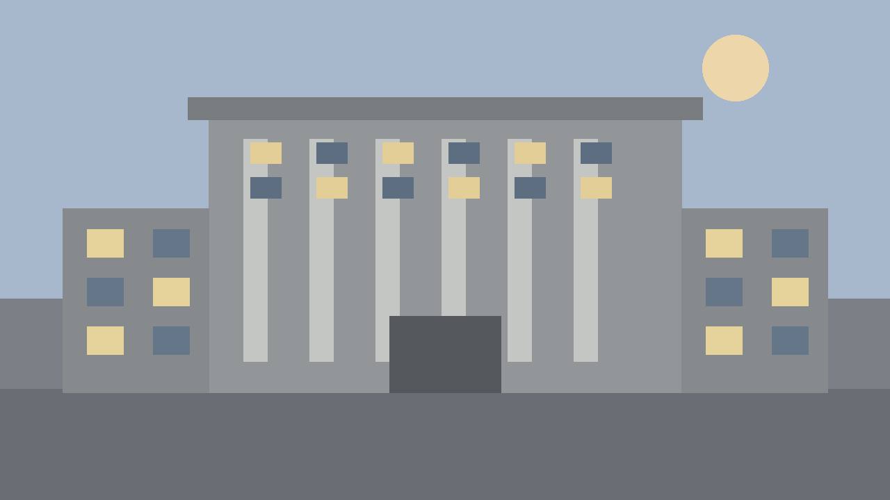 Editorial illustration of a generic federal office building with columns at dusk, flat style, empty plaza, no people, no text, no real place depicted
