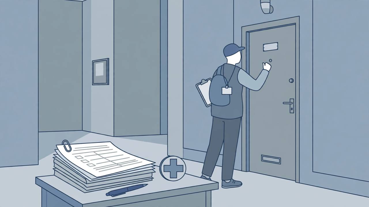 Editorial illustration of a community support worker with a clipboard knocking on a closed apartment door, with a stack of billing forms on a desk
