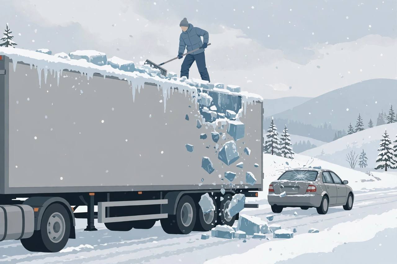 Editorial illustration of a truck driver clearing snow and ice from the top of a semi-trailer on a winter highway