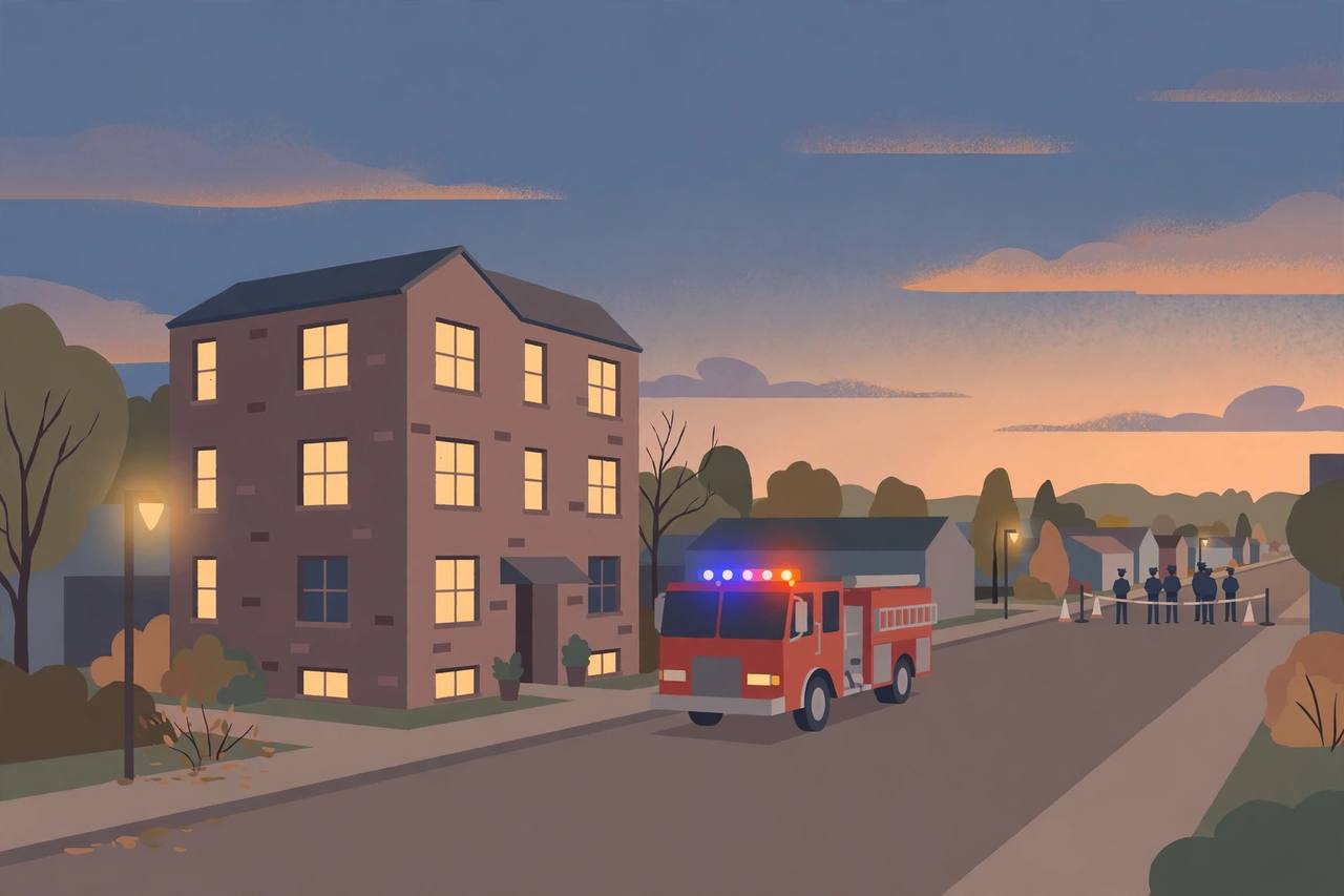Editorial illustration of an apartment building at dusk with a fire truck in the street and a police perimeter in the distance; no real person is depicted