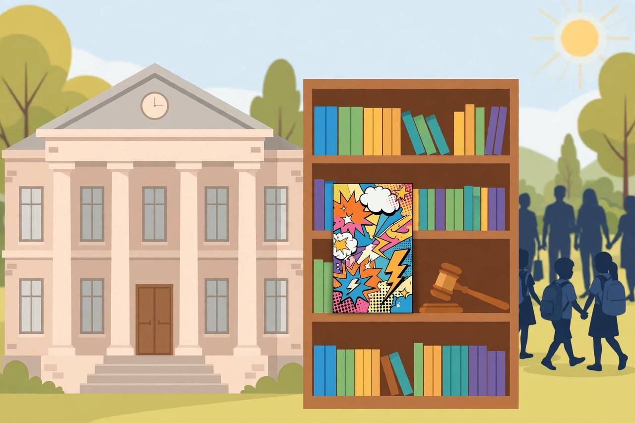 Editorial illustration of a courthouse, a school library shelf with a graphic novel and a gavel, flat style, no real person depicted